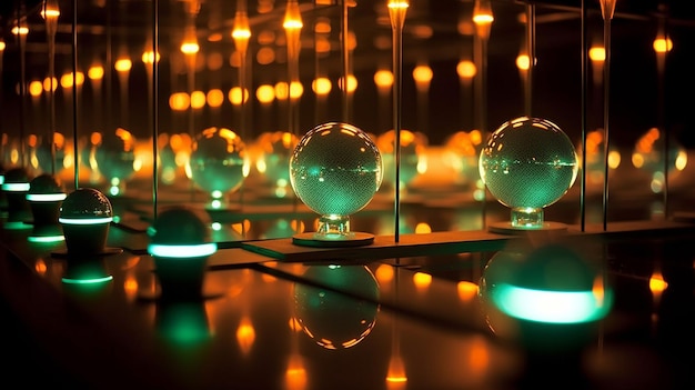 3d illustration of abstract background with bokeh lights and glass balls