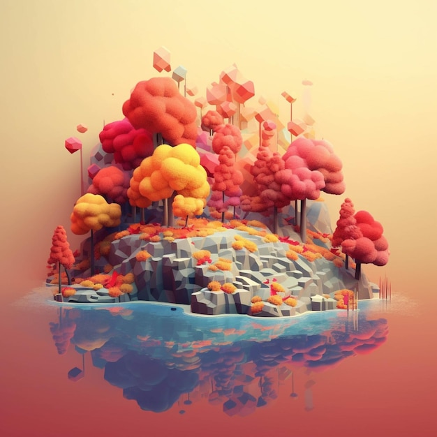 3d illustration of abstract composition with clouds and trees on color background