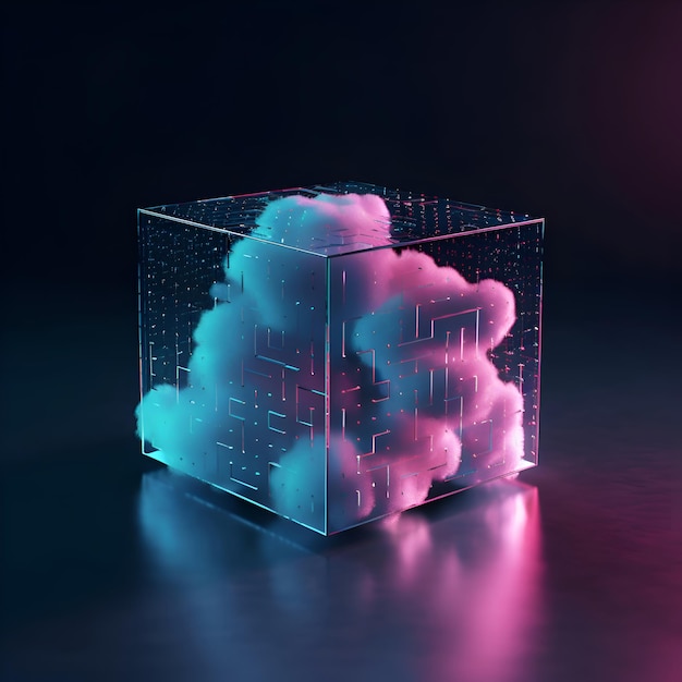 Photo 3d illustration of abstract cube made of cubes with smoke on dark background