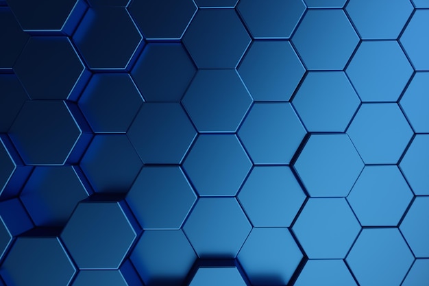 Illustrazione 3d blu scuro astratto del modello esagonale di superficie futuristico. fondo astratto esagonale geometrico blu.