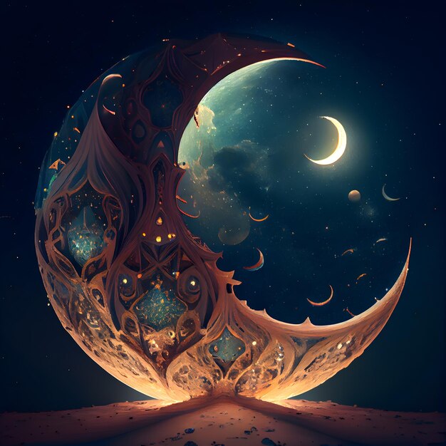 3D illustration of an abstract fractal background with a crescent moon