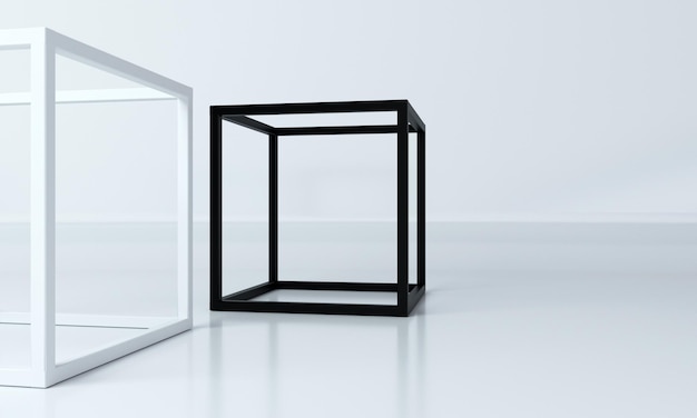 3d illustration abstract frame shapes of white and black cubes in a photo studio background for a banner in light blue