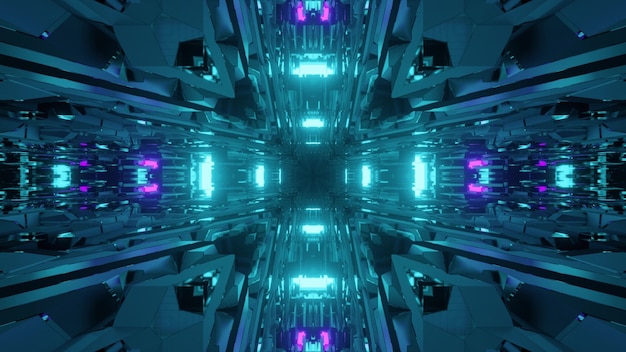 Foto illustrazione 3d del tunnel futuristico astratto con pareti simmetriche illuminate con lampade blu