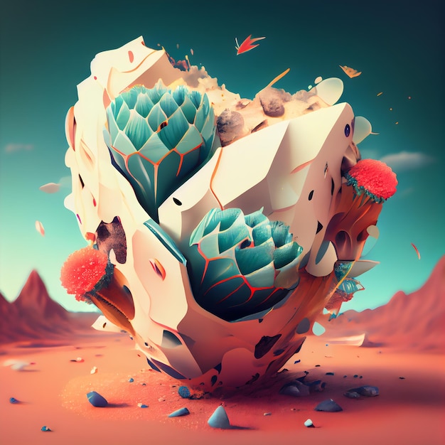 3d illustration of abstract geometric composition with flowers leaves and plants