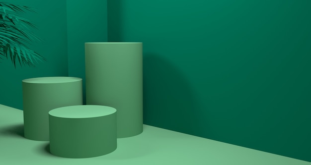 抽象的な緑色の幾何学的形状、モダンなミニマリストの表彰台ディスプレイまたはショーケースの3 dイラストレーション