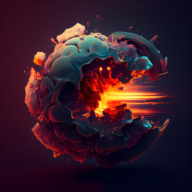 Foto illustrazione 3d di una sfera astratta con un'esplosione di fuoco su uno sfondo scuro