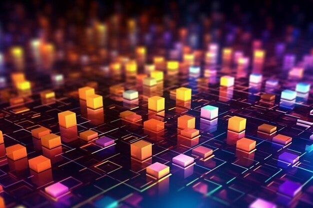 3d illustration of abstract technology background with glowing neon squares 3d rendering