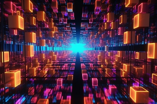 3d illustration of abstract technology background with glowing neon squares 3d rendering