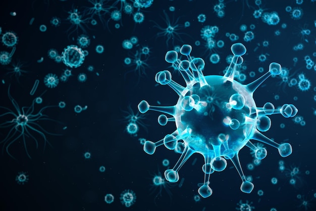 Illustrazione 3d infezione virale astratta che causa malattie croniche. virus dell'epatite, virus dell'influenza h1n1, influenza, organismo infettante cellulare, aids. sfondo astratto virus.