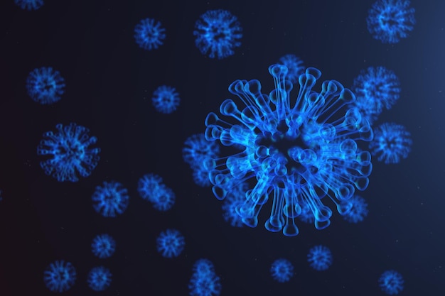 3D illustration abstract Virus and germs, bacteria, cell infected organism. Influenza Virus H1N1, Swine Flu on abstract background. Blue viruses glowing in attractive colour.