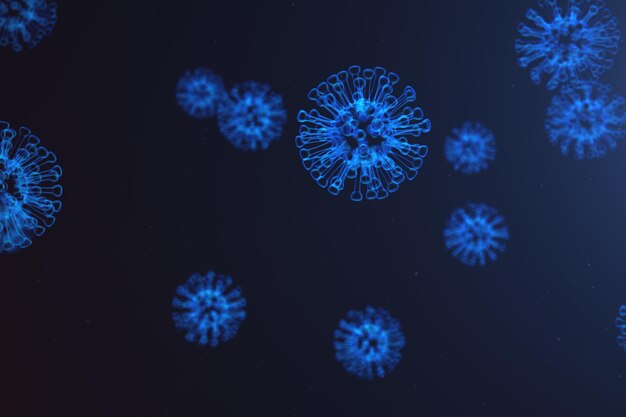 3D illustration abstract Virus and germs, bacteria, cell infected organism. Influenza Virus H1N1, Swine Flu on abstract background. Blue viruses glowing in attractive colour.