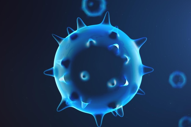 3D illustration abstract Virus and germs, bacteria, cell infected organism. Influenza Virus H1N1, Swine Flu on abstract background. Blue viruses glowing in attractive colour.