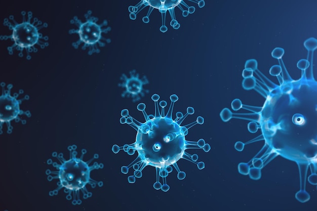 3D illustration abstract Virus and germs, bacteria, cell infected organism. Influenza Virus H1N1, Swine Flu on abstract background. Blue viruses glowing in attractive colour.