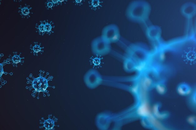 3D illustration abstract Virus and germs, bacteria, cell infected organism. Influenza Virus H1N1, Swine Flu on abstract background. Blue viruses glowing in attractive colour.