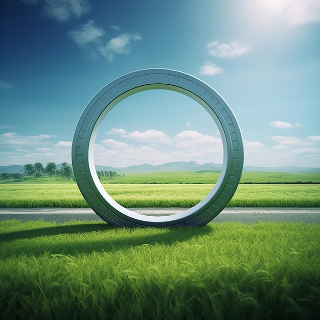 3d illustration of acircular road with grass field in the middle car and tire advertisement design