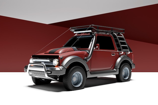 3d illustration adventure offroad car for safari on a burgundy background