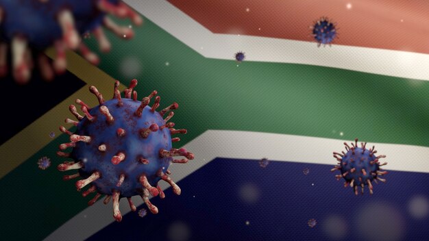 3DイラストアフリカのRSA旗を振ってコロナウイルス2019nCovコンセプト。南アフリカでのアジアでの発生、コロナウイルスはパンデミックと同様に危険なインフルエンザ株の症例としてインフルエンザに感染します。顕微鏡ウイルスCovid19