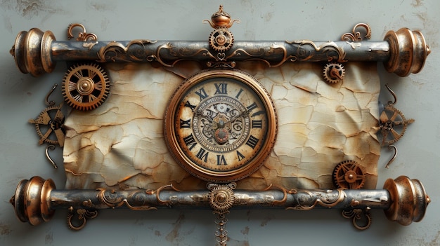 A 3D illustration of an aged paper scroll with a steampunk clock and cogwheels