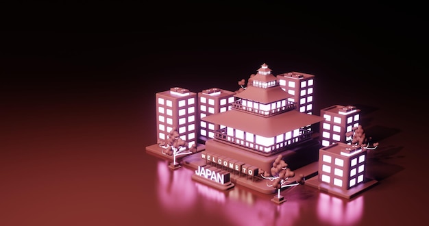 3d illustration Aichi Prefecture as landmark and Japan city view and building around in neon light