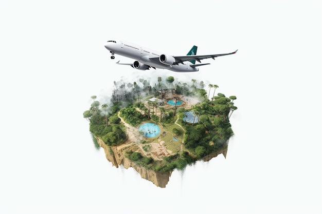 3d illustration airplane isolated in white background with landscape