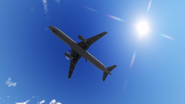 3D illustration of an airplane in the sky on a background of the sun3D rendering