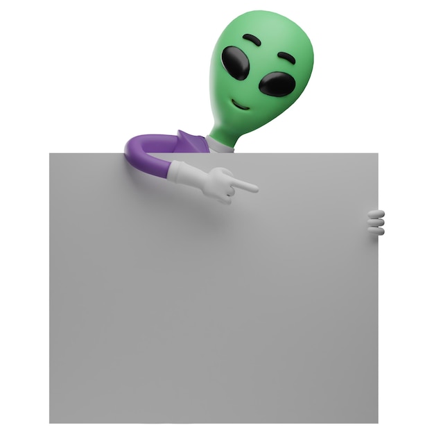 3D illustration Alien 3D cartoon has a giant white paper in a cool pose wearing cute costumes