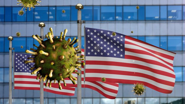 3Dイラストコロナウイルス2019で現代の超高層ビルの街に手を振っているアメリカの国旗。美しい背の高い塔とアメリカでの発生。顕微鏡ウイルスCovid19