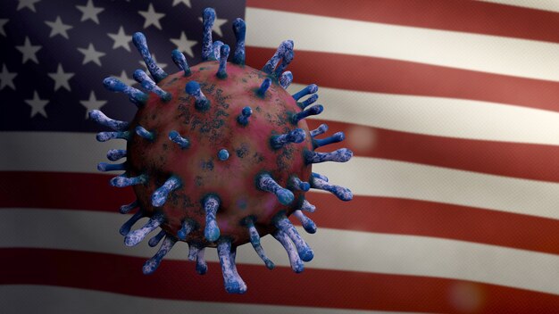 3D illustration American flag waving with Coronavirus outbreak. Influenza type Covid 19 virus with national USA banner blowing at background. Pandemic risk concept