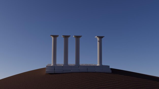 3D 일러스트레이션: 해가 지는 모래 언덕 위에 있는 고대 그리스 사원