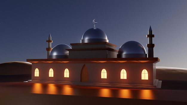 Photo 3d illustration arab mosque on the background of sunset in the desert ramadan concept