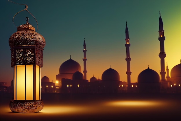 3d illustration of arabic lantern with burning candle glowing at night muslim holy month ramadan