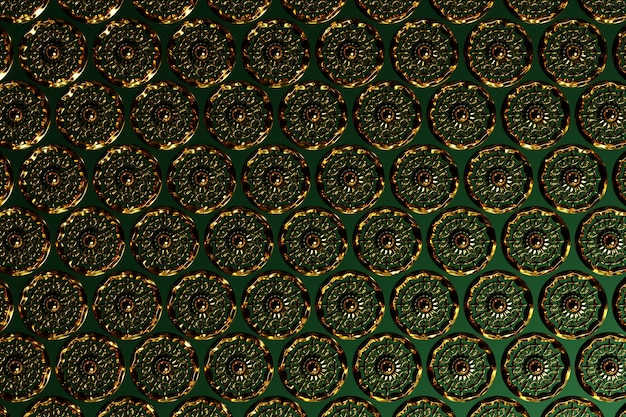 3dイラストアラビア語パターンの背景。ラマダンカリームのための銅の円形の装飾品のアラビア語のデザイン。イスラムの装飾用のカラフルなモザイクの詳細。