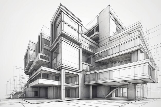 Photo 3d illustration architecture building construction perspective design abstract modern urban building line drawing