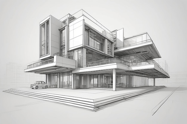 3D illustration architecture building construction perspective design abstract modern urban building line drawing