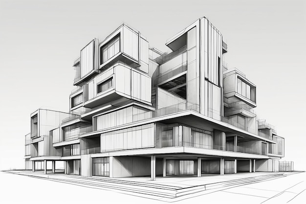 3D illustration architecture building construction perspective designabstract modern urban building line drawing