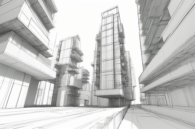 3D illustration architecture building construction perspective designabstract modern urban building line drawing