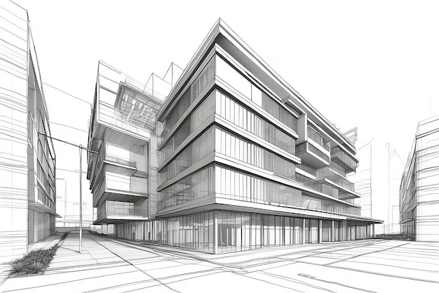 3D illustration architecture building construction perspective designabstract modern urban building line drawing