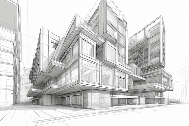 3D illustration architecture building construction perspective designabstract modern urban building line drawing