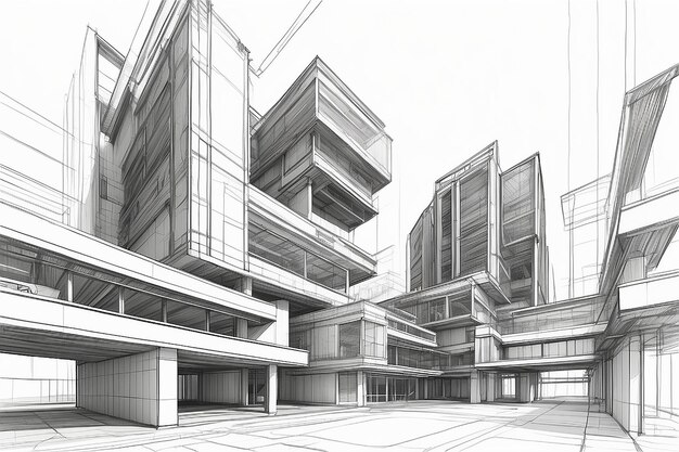 3D illustration architecture building construction perspective designabstract modern urban building line drawing