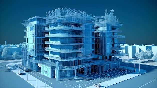 3d illustration of architecture construction building on blue background