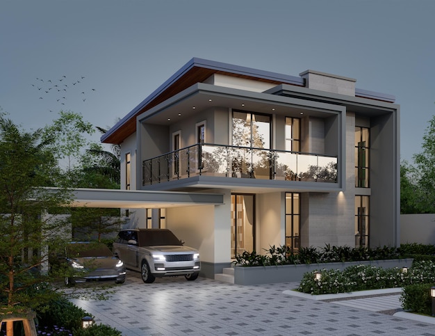 3d illustration architecture modern style twostorey house white gray roof rendering