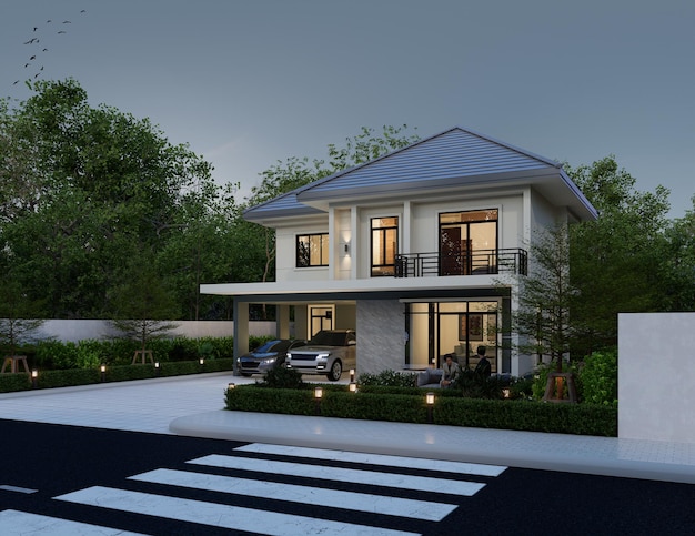 3d illustration architecture modern style twostorey house white gray roofrendering with garage