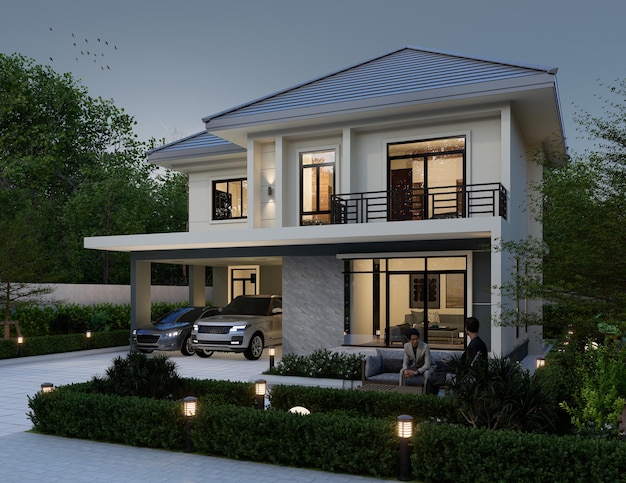 3d illustration architecture modern style twostorey house white gray roofrendering with garage