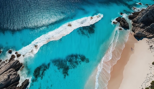 여름 해변과 푸른 바다 물에 대한 Arial 보기의 3D 그림 Generative Ai