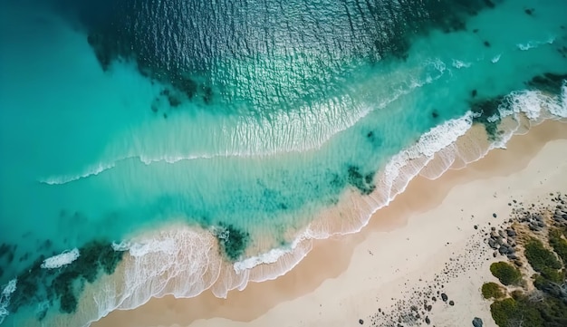 夏のビーチと青い海の水を上空から見た 3D イラストレーション Generative Ai