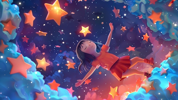 Photo 3d illustration of an asian girl sleeping in the air with stars in deep space girl sleeping in the dark near a shining star space art deep dream concept