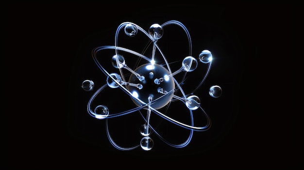 3D illustration of an atom with a black background The atom has a blue nucleus and white electrons