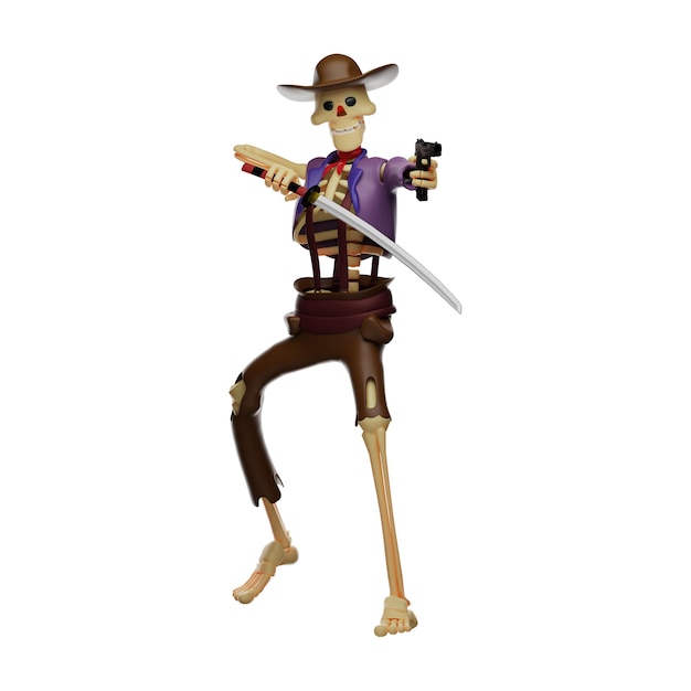 3D illustration Attractive 3D Skull Cowboy Cartoon Character with gun and sword showing an angry