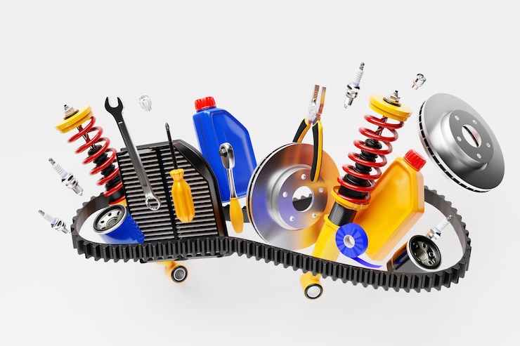 Photo 3d illustration of auto parts car shock absorber oil canister fuel and air filters on white isolated background car repair parts