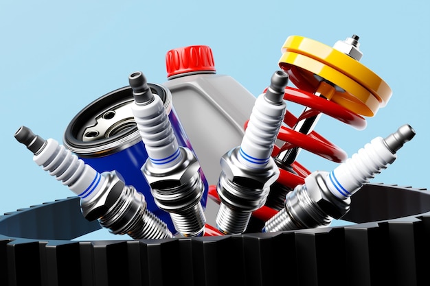 3d illustration of auto parts car spark plugs shock absorber\
oil canister fuel and air filters on blue isolated background car\
repair parts